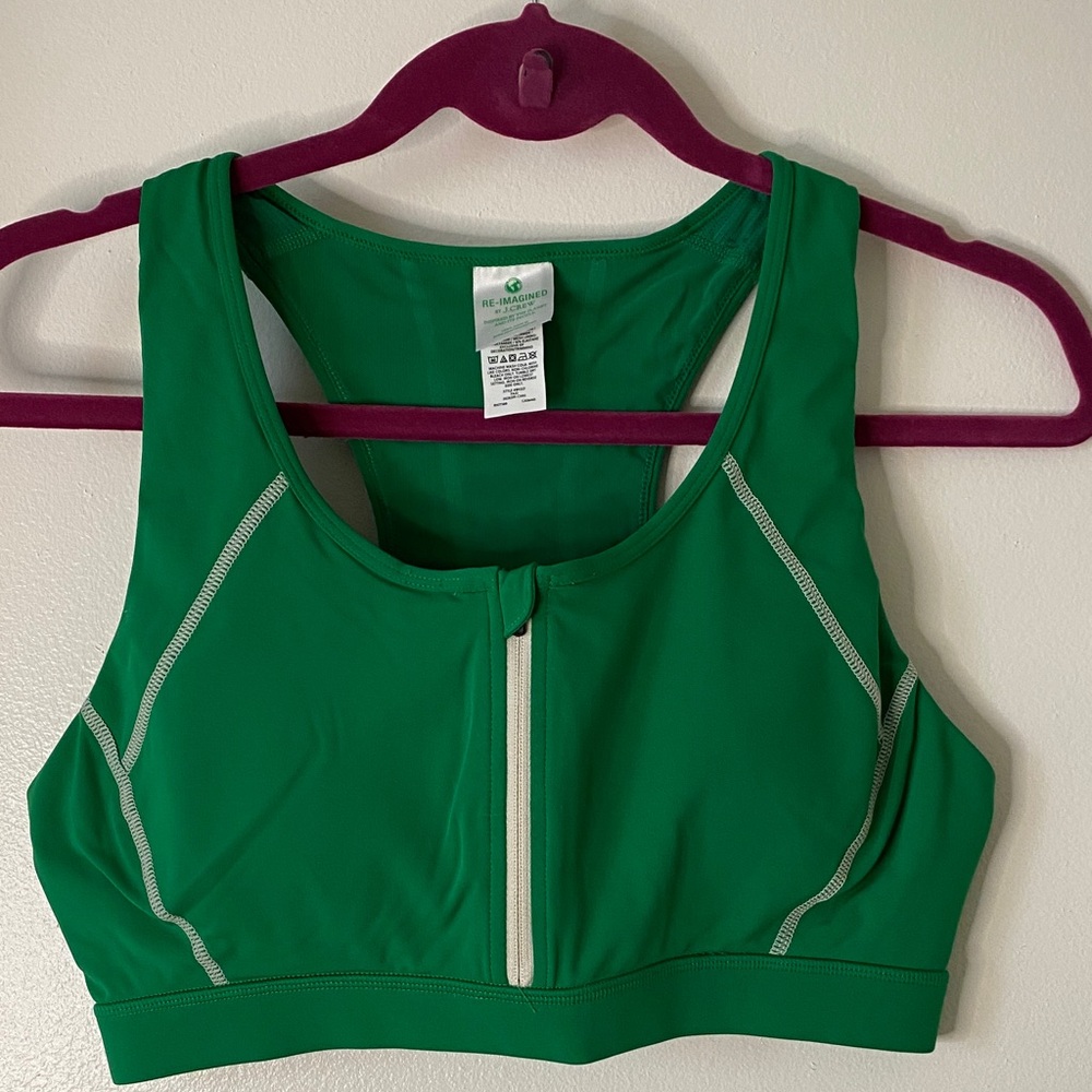 J.Crew SleekStretch Green Sports Bra Zip Front Athletic Workout Top Medium